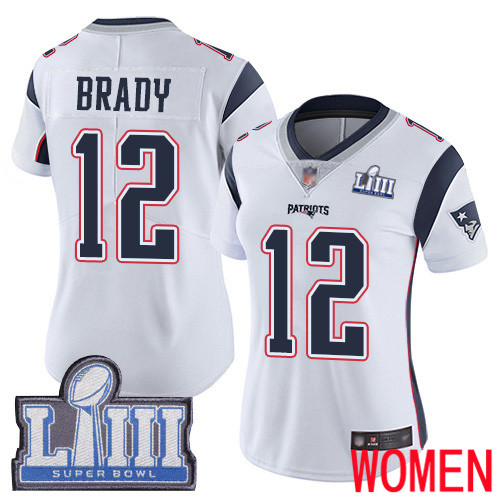 New England Patriots Football 12 Super Bowl LIII Bound Limited White Women Tom Brady Road NFL Jersey
